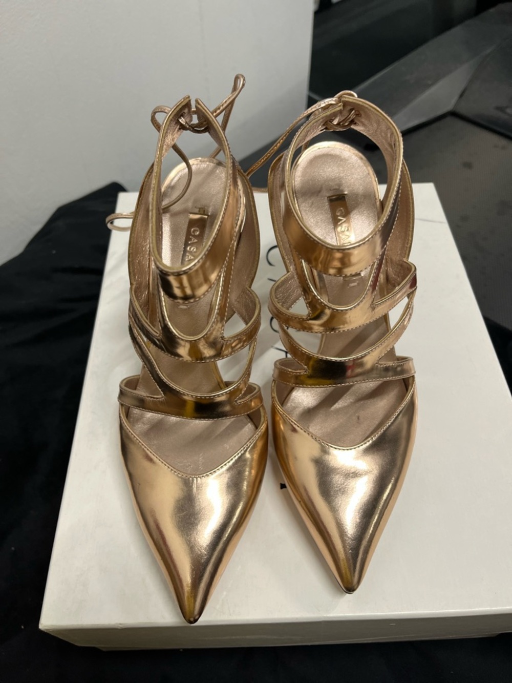 Casadei Metallic Rose Gold Pointed Toe Strappy Heels